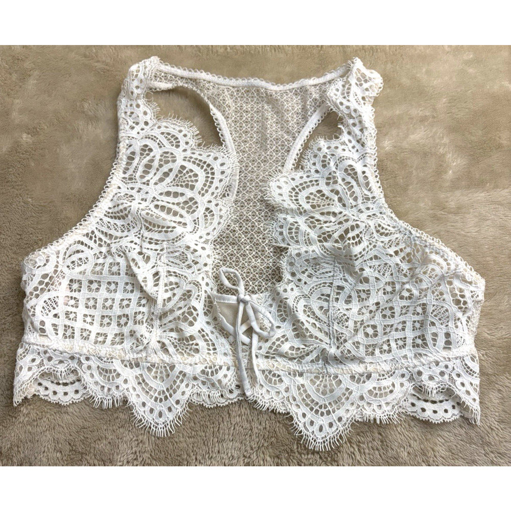 VICTORIA SECRET DREAM ANGELS LACED UP BRALETTE White Floral Mesh Sheer Crochet - Picture 14 of 14